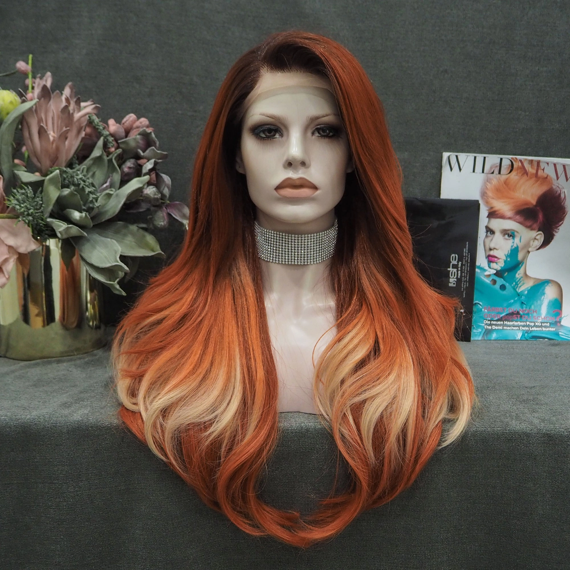 Acionna -Orange Ombre Long Loose Wave Synthetic Lace Front Wig
