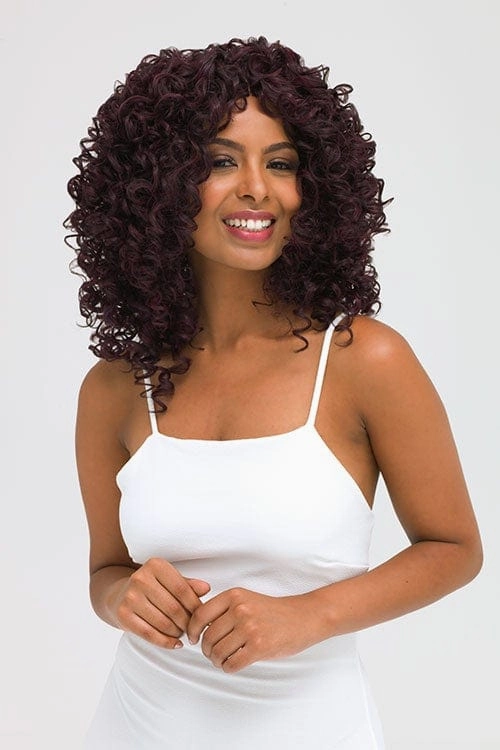 Afro, corkscrew curly lace front wig, black and purple: Anna