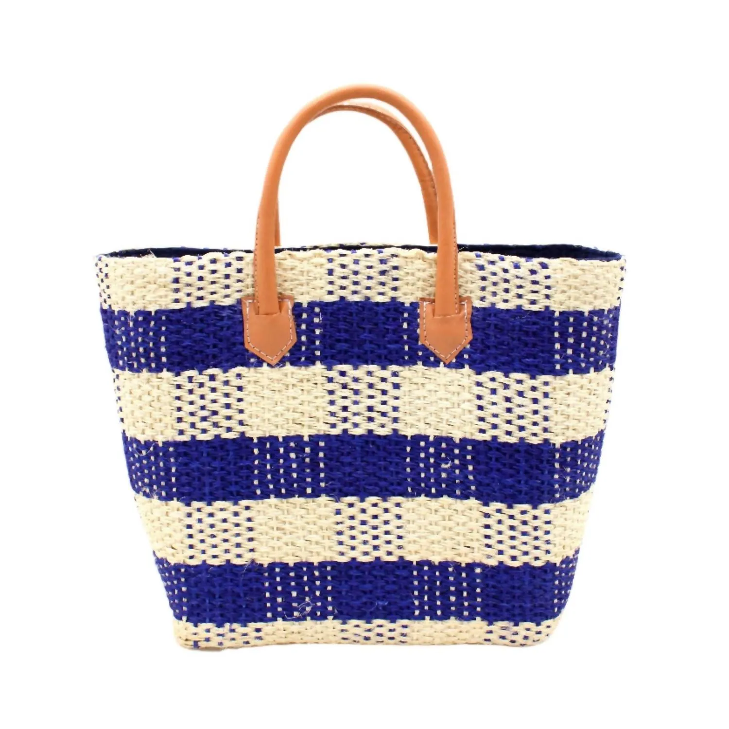 Agave Fiber Gingham Tote In Navy