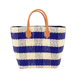 Agave Fiber Gingham Tote In Navy