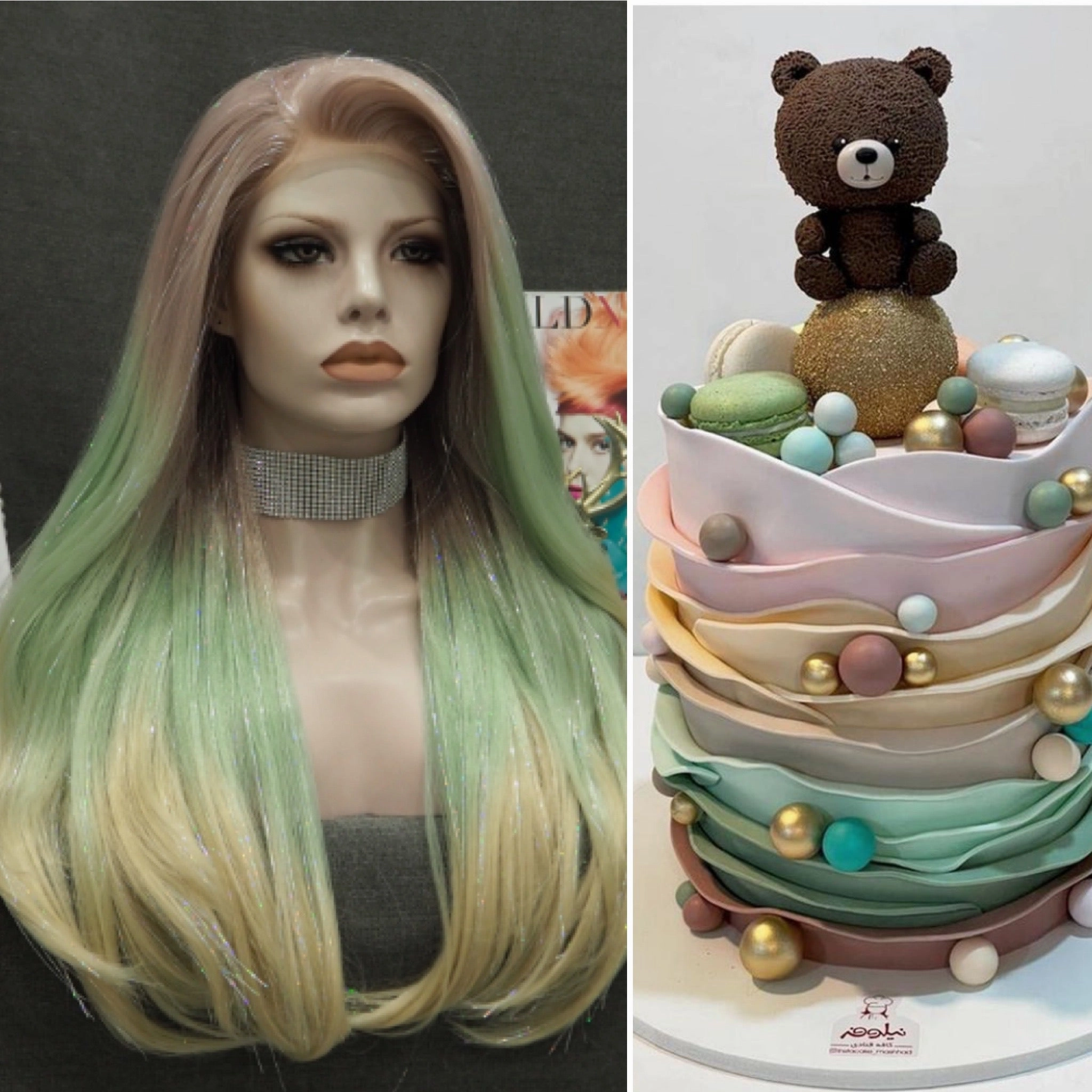 Ann - Sand Red to Green Blonde Ombre with Tinsel  Long Straight Synthetic Lace Front Wig