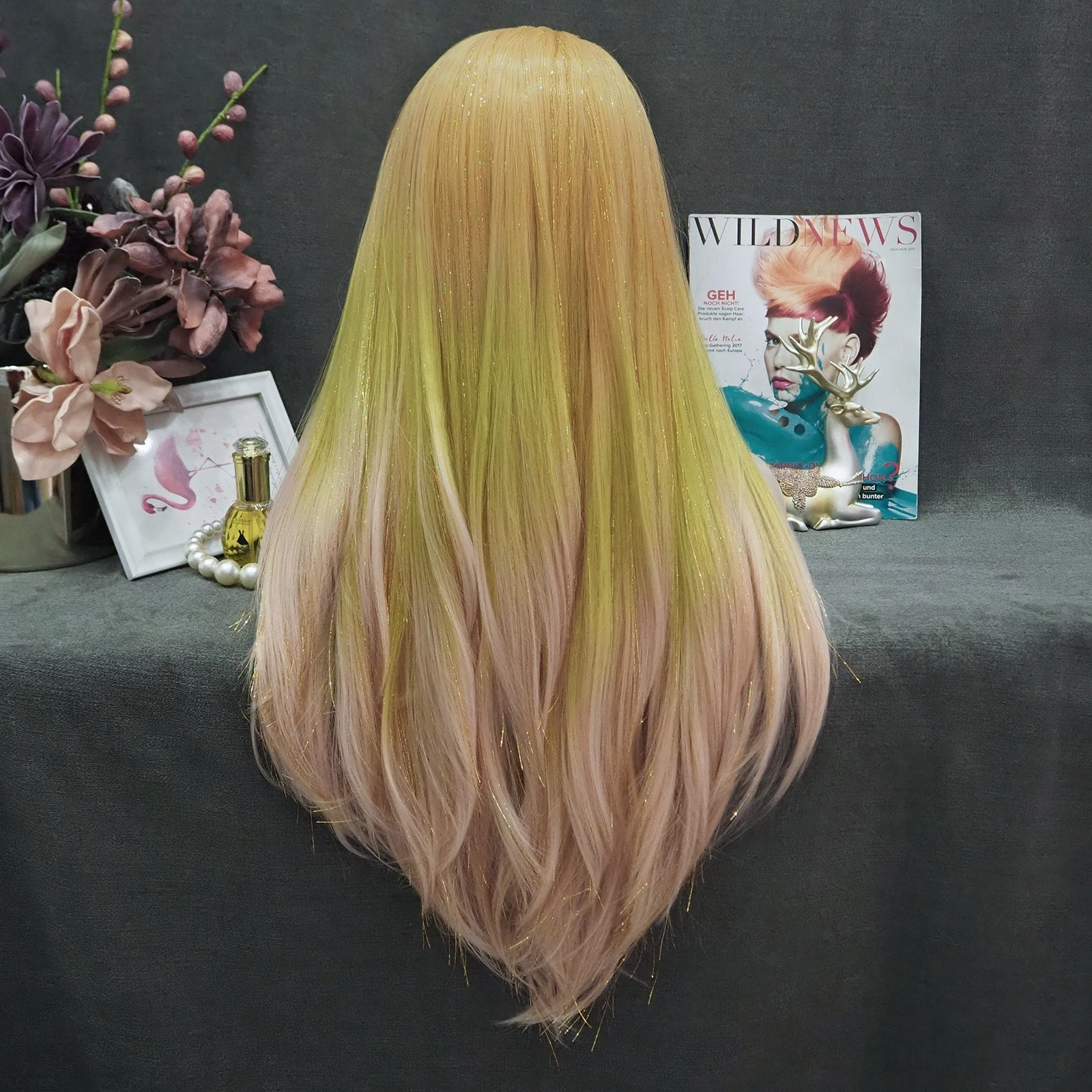 Arianna - Blonde to Light Green Pink Ombre with Tinsel  Long straight Synthetic Lace Front Wig