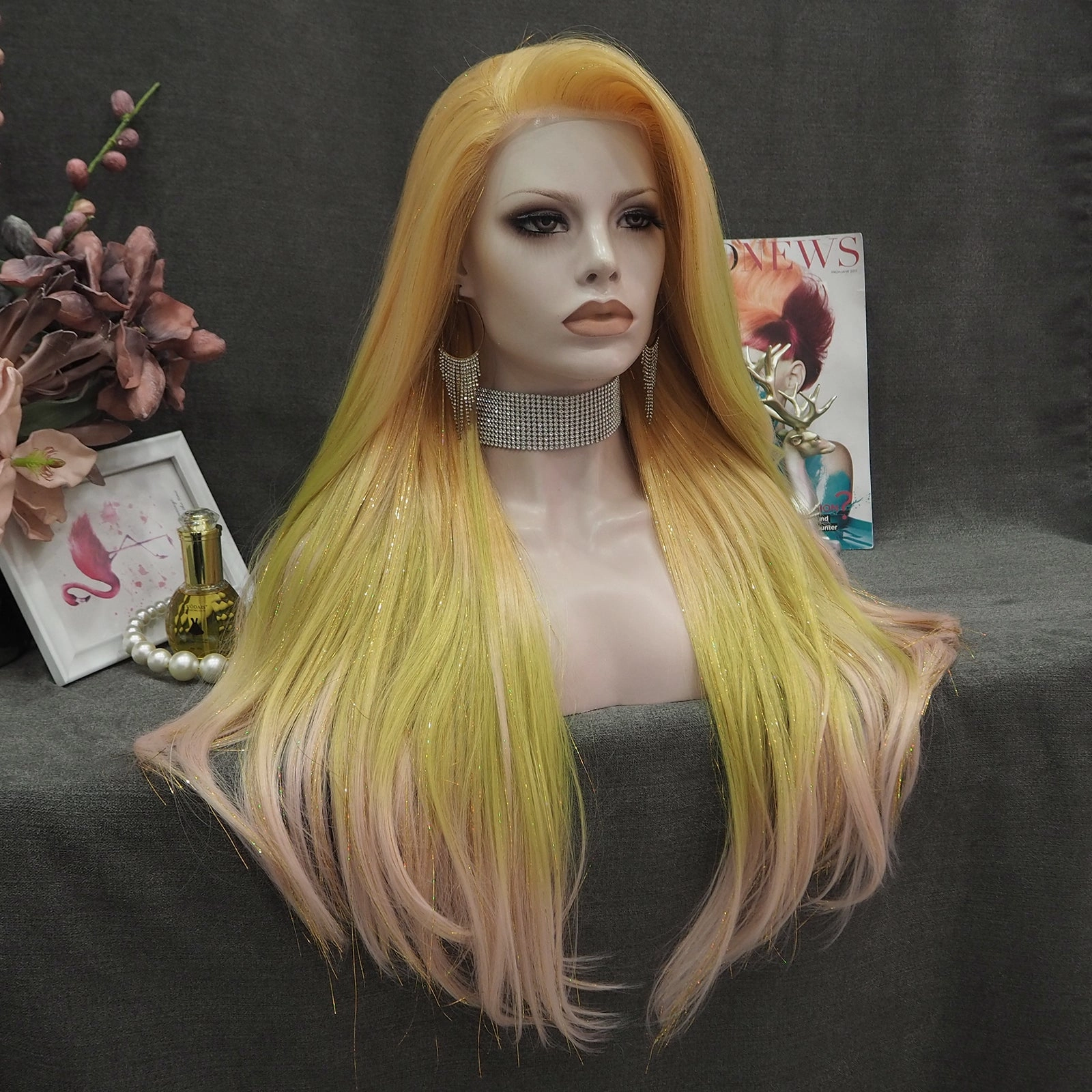 Arianna - Blonde to Light Green Pink Ombre with Tinsel  Long straight Synthetic Lace Front Wig