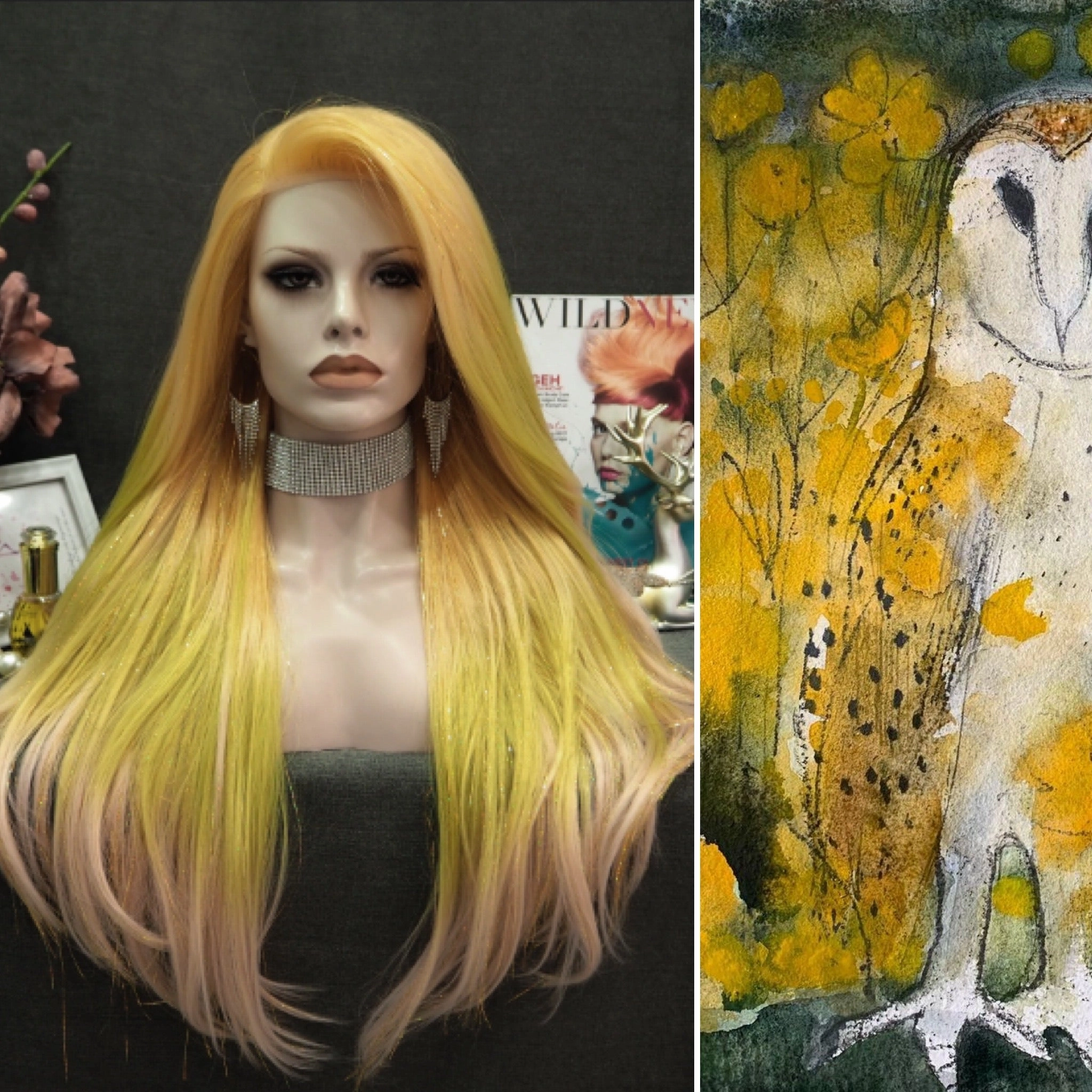 Arianna - Blonde to Light Green Pink Ombre with Tinsel  Long straight Synthetic Lace Front Wig