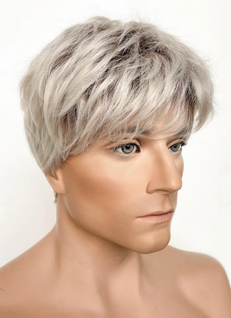Ash Blonde With Dark Roots Straight Pixie Synthetic Men's Hair Wig NS424