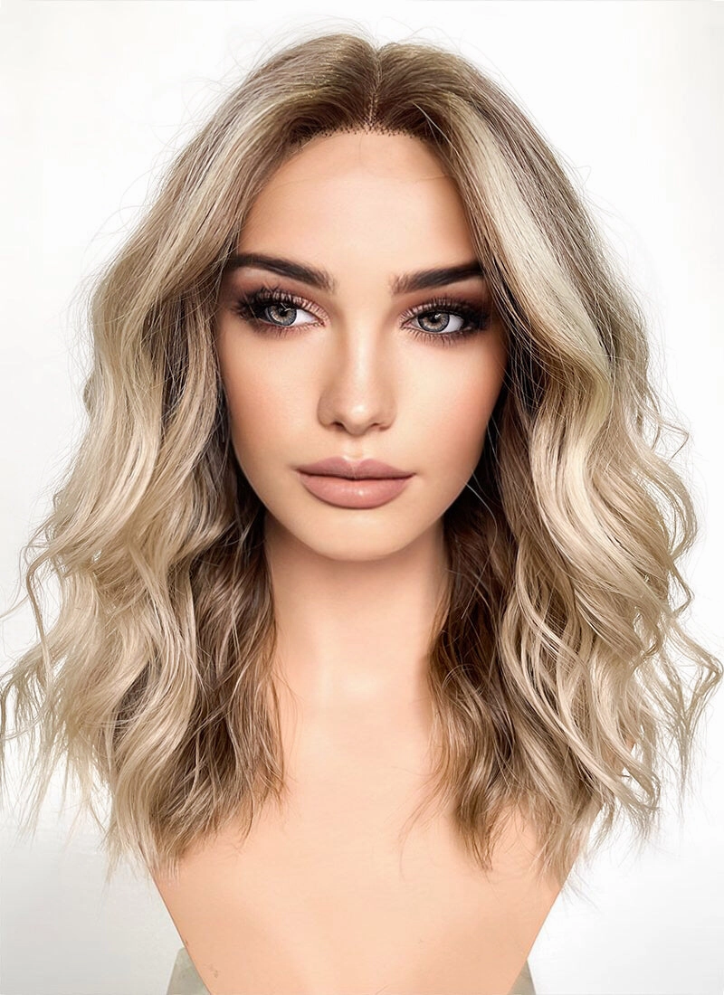 Balayage Blonde Highlights Money Piece Wavy Lace Front Synthetic Wig LF6001