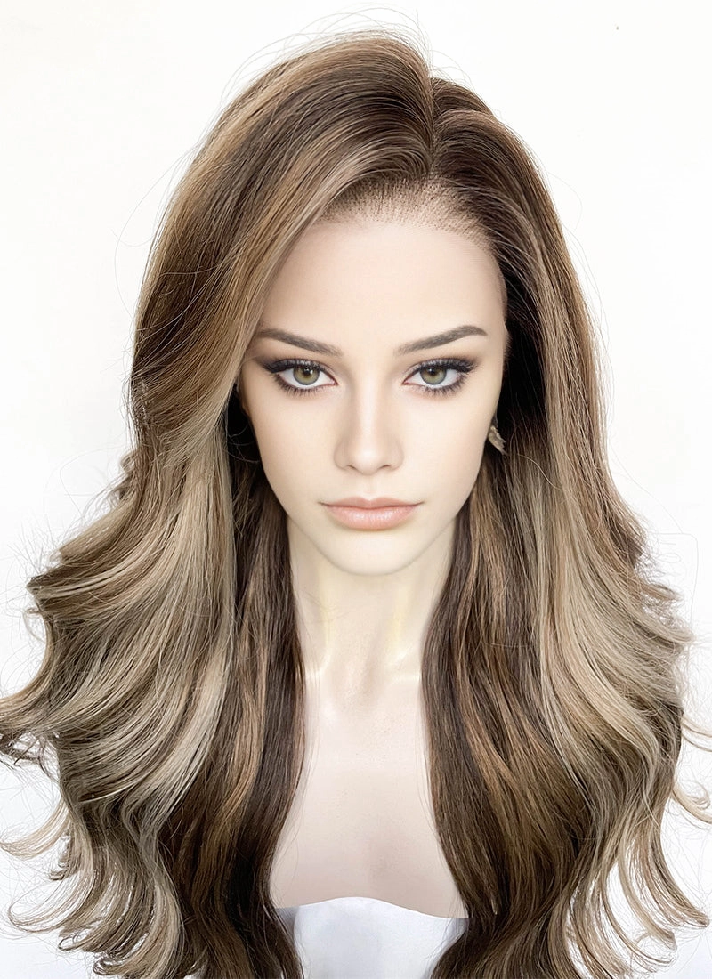 Balayage Blonde Mixed Brown Wavy Lace Front Kanekalon Synthetic Wig LFS045