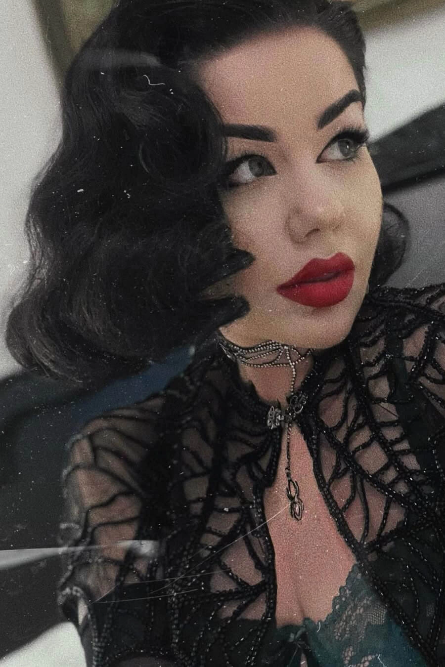 Black lacefront wig, pinup/vintage style, mid length with finger waves: Lilith