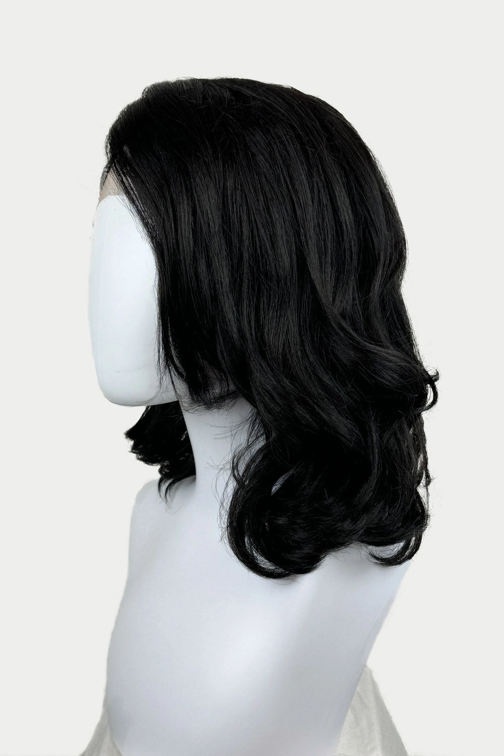 Black shoulder length long bob (lob) lacefront wig with side sweeping fringe/bangs: Amaris