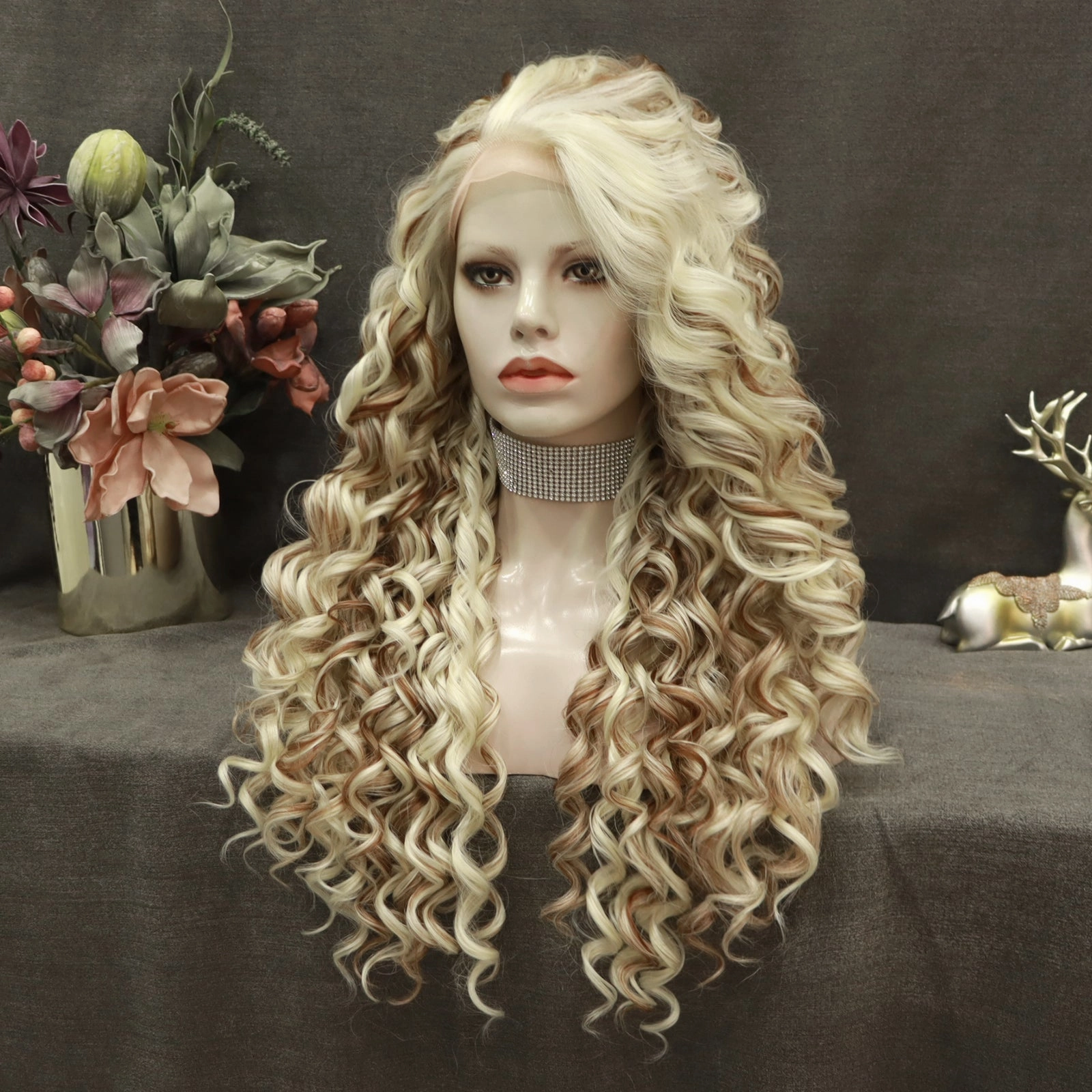 Blonde Highlights Kinky Curly Lace Front Synthetic Wigs