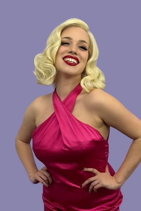 Blonde lacefront wig, pinup/vintage style, mid length with finger waves: Della