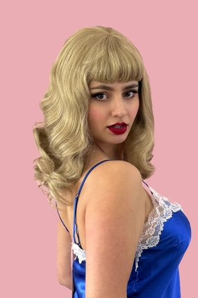 Blonde pinup wig, curled with short fringe, 1950s style: Cora