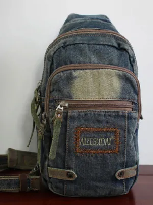 Blue Denim Mens Sling Bag Cool Chest Bag Vintage Denim Sling Bag For Men