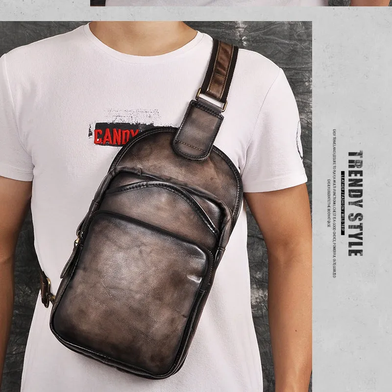 Blue Leather Chest Bag For Men Cool Leather Sling Bag Mens Sling Crossbody Backpack