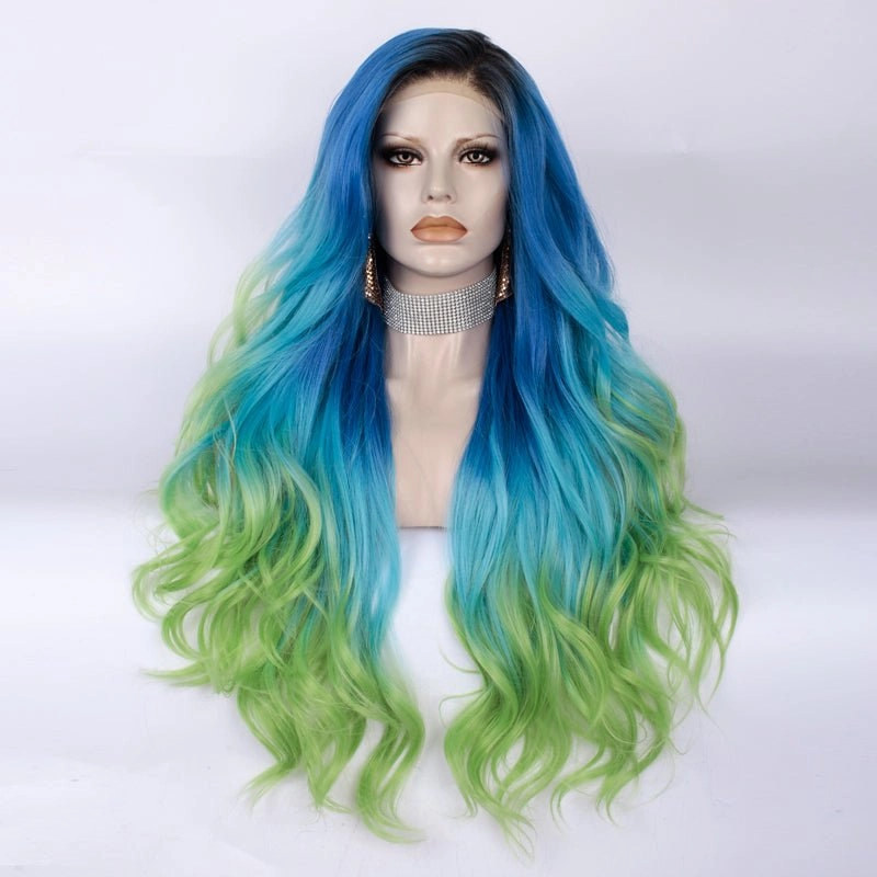 Blue to Green Ombre Dark Root Long Loose Wave Synthetic Lace Front Wig