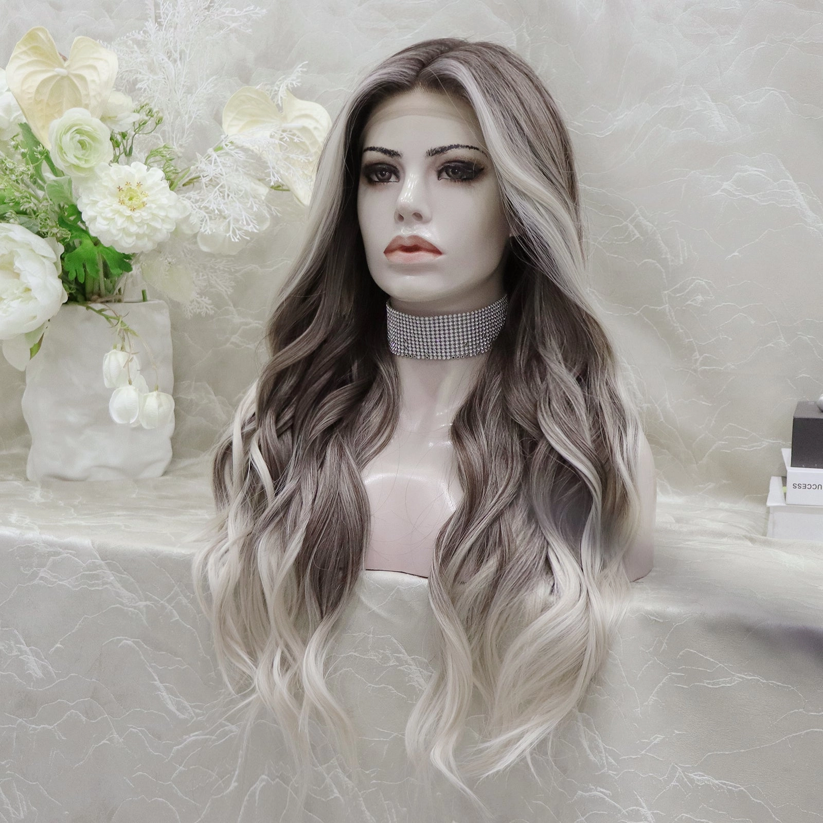 Brenda Collection-Holiday 26inches Ombre Grey blonde long Daily Lace Front wig Glueless