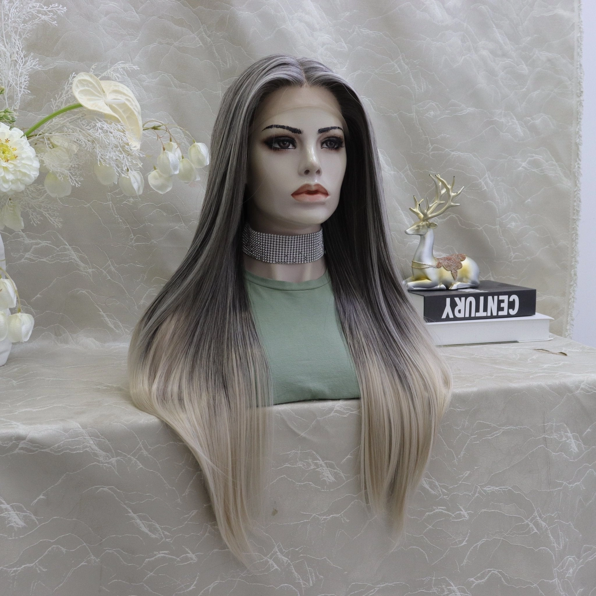 Brenda Collection-Luisa grey ombr straight style T-part lace front Glue less TS75-2414