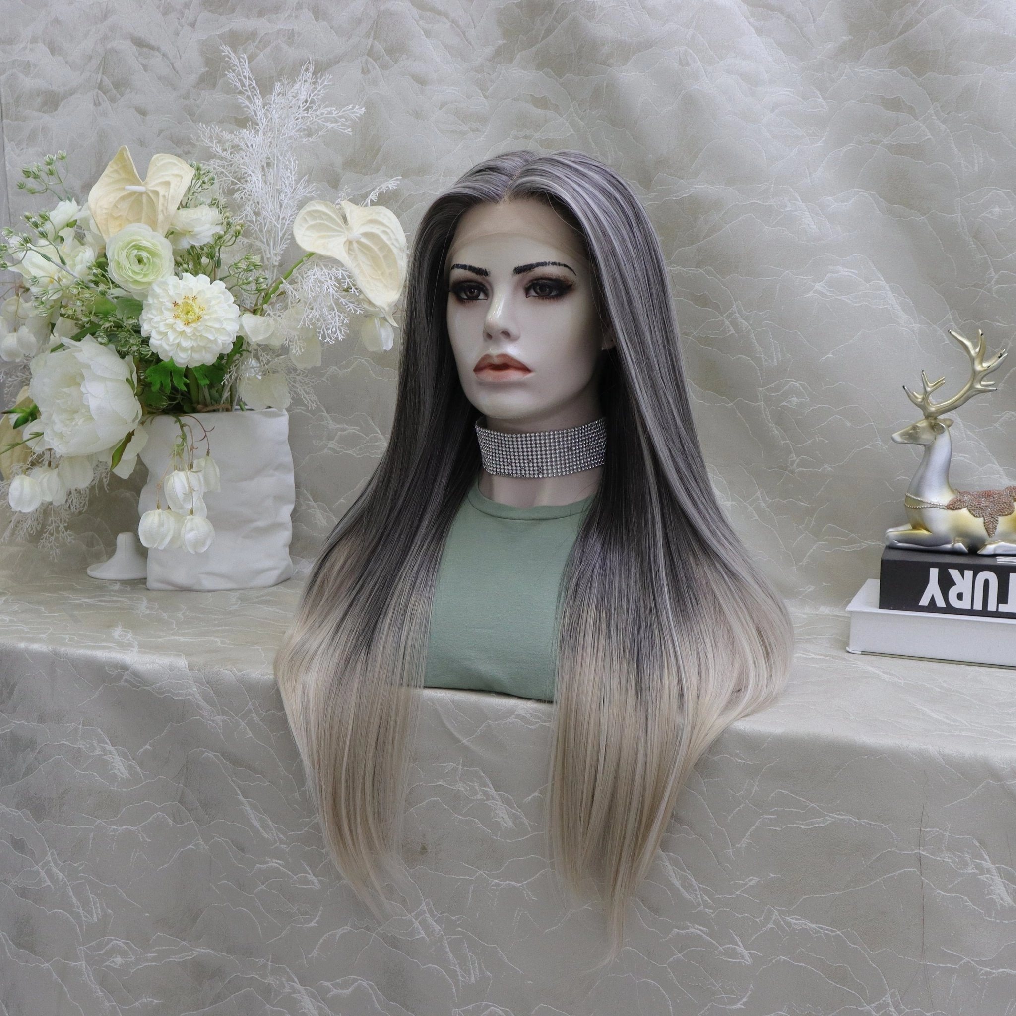 Brenda Collection-Luisa grey ombr straight style T-part lace front Glue less TS75-2414