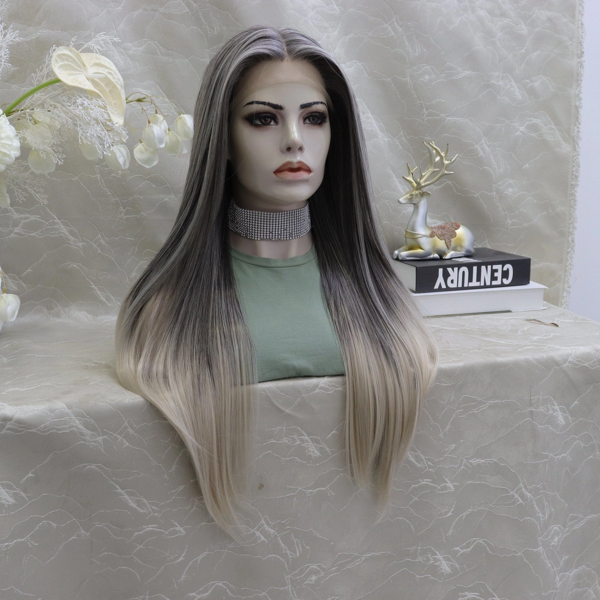 Brenda Collection-Luisa grey ombr straight style T-part lace front Glue less TS75-2414