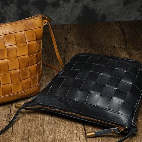 Brown Braided Womens Leather Small Bucket Bag Small Black Bucket Shoulder Purse Barrel Bag