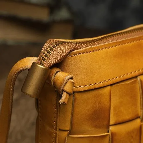 Brown Braided Womens Leather Small Bucket Bag Small Black Bucket Shoulder Purse Barrel Bag
