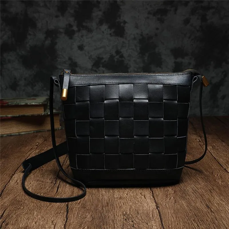 Brown Braided Womens Leather Small Bucket Bag Small Black Bucket Shoulder Purse Barrel Bag