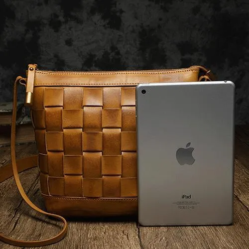 Brown Braided Womens Leather Small Bucket Bag Small Black Bucket Shoulder Purse Barrel Bag