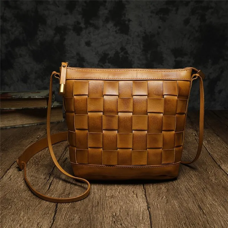 Brown Braided Womens Leather Small Bucket Bag Small Black Bucket Shoulder Purse Barrel Bag