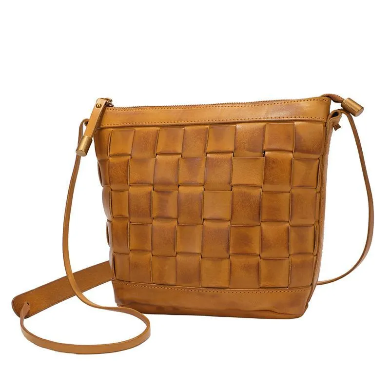 Brown Braided Womens Leather Small Bucket Bag Small Black Bucket Shoulder Purse Barrel Bag