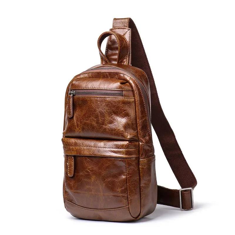 Brown Leather Men's Sling Bag Sling Backpack Chest Bag Black Sling Pack One Shoulder Backpack For Men