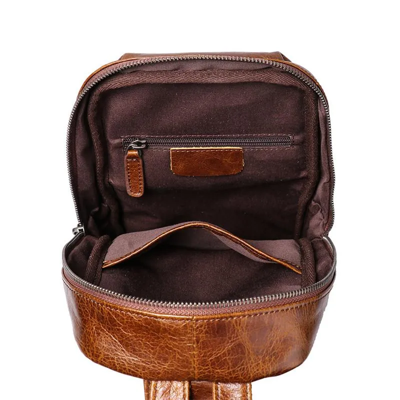 Brown Leather Men's Sling Bag Sling Backpack Chest Bag Black Sling Pack One Shoulder Backpack For Men
