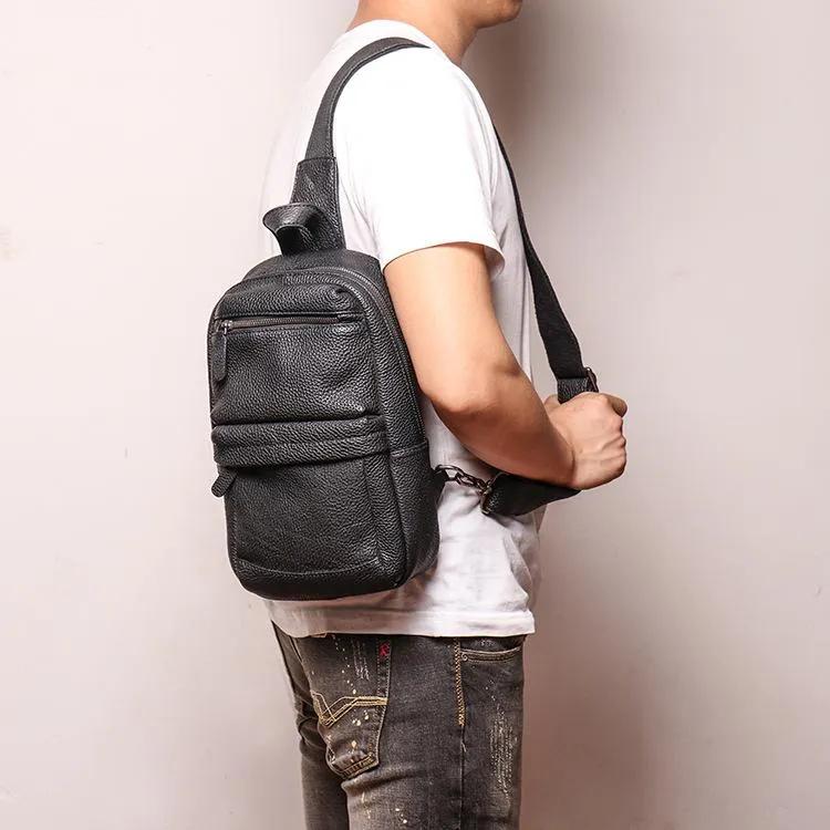 Brown Leather Men's Sling Bag Sling Backpack Chest Bag Black Sling Pack One Shoulder Backpack For Men