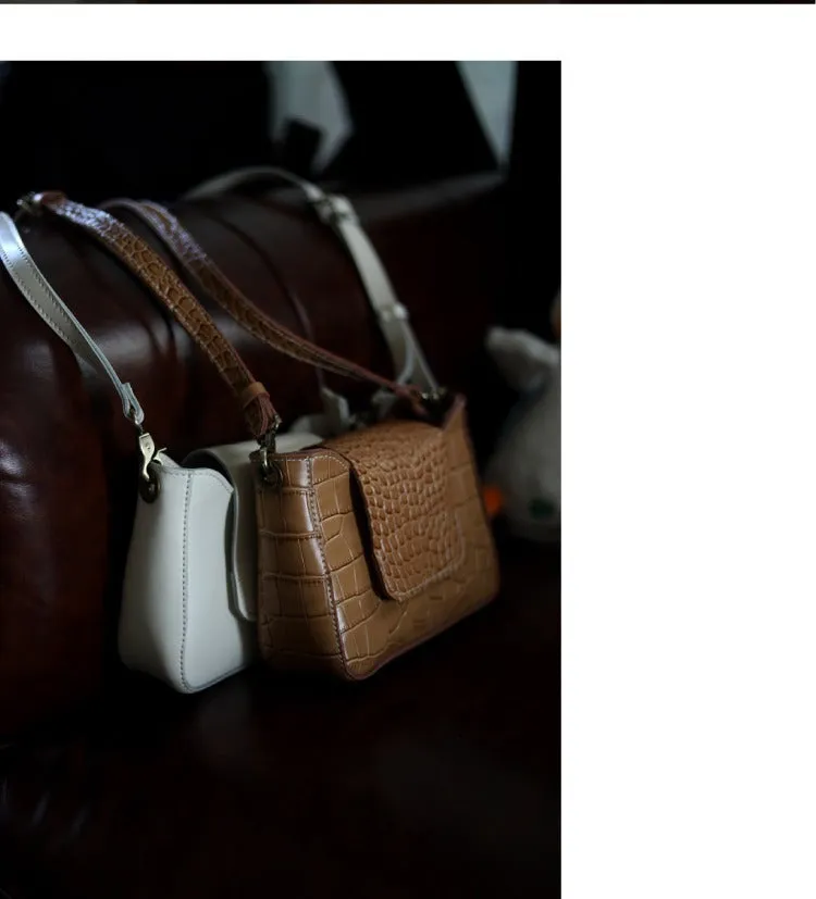 Brown LEATHER Side Bag WOMEN Crocodile Pattern SHOULDER BAG Small Crossbody Purse FOR WOMEN