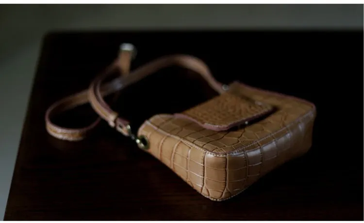Brown LEATHER Side Bag WOMEN Crocodile Pattern SHOULDER BAG Small Crossbody Purse FOR WOMEN