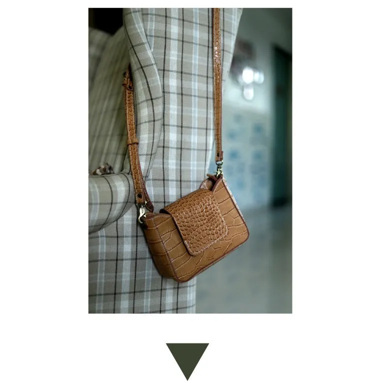 Brown LEATHER Side Bag WOMEN Crocodile Pattern SHOULDER BAG Small Crossbody Purse FOR WOMEN