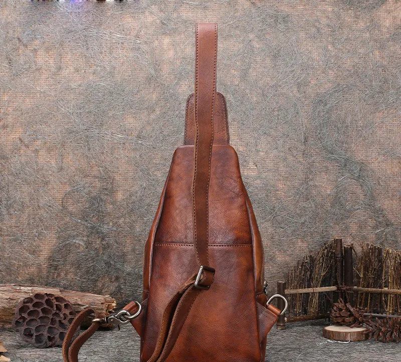 Brown Mens Sling Bag Vintage Leather Chest Bag Crossbody Pack for Men