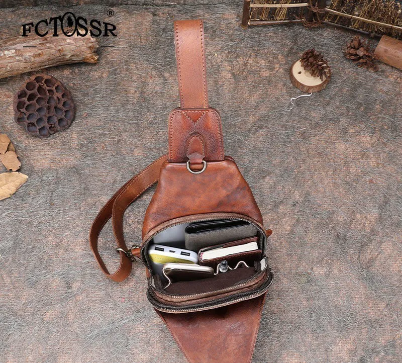 Brown Mens Sling Bag Vintage Leather Chest Bag Crossbody Pack for Men