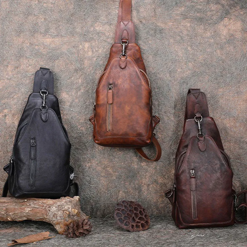 Brown Mens Sling Bag Vintage Leather Chest Bag Crossbody Pack for Men
