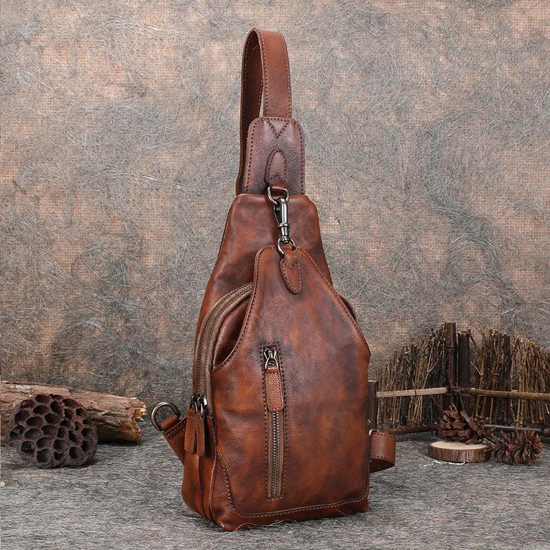 Brown Mens Sling Bag Vintage Leather Chest Bag Crossbody Pack for Men
