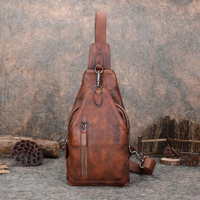 Brown Mens Sling Bag Vintage Leather Chest Bag Crossbody Pack for Men