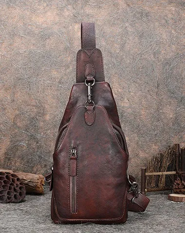 Brown Mens Sling Bag Vintage Leather Chest Bag Crossbody Pack for Men