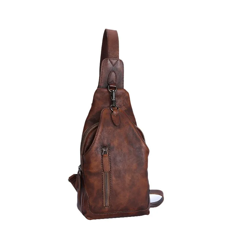 Brown Mens Sling Bag Vintage Leather Chest Bag Crossbody Pack for Men