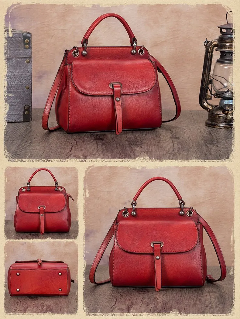 Brown Vintage Ladies Leather Square Satchel Handbag Purse Red SHoulder Bag Side Bag for WOmen