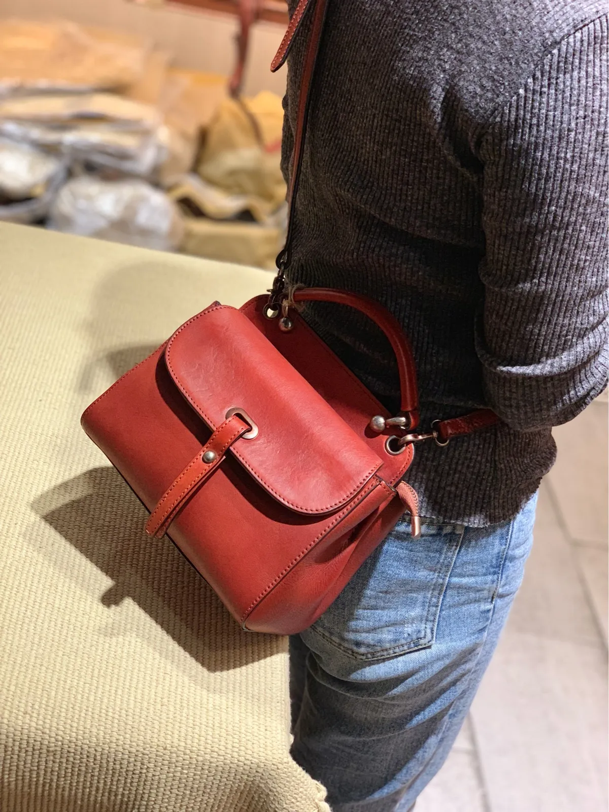Brown Vintage Ladies Leather Square Satchel Handbag Purse Red SHoulder Bag Side Bag for WOmen
