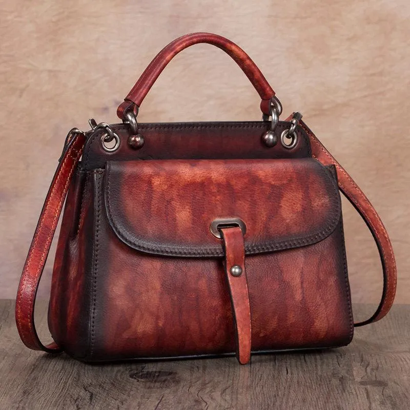 Brown Vintage Ladies Leather Square Satchel Handbag Purse Red SHoulder Bag Side Bag for WOmen