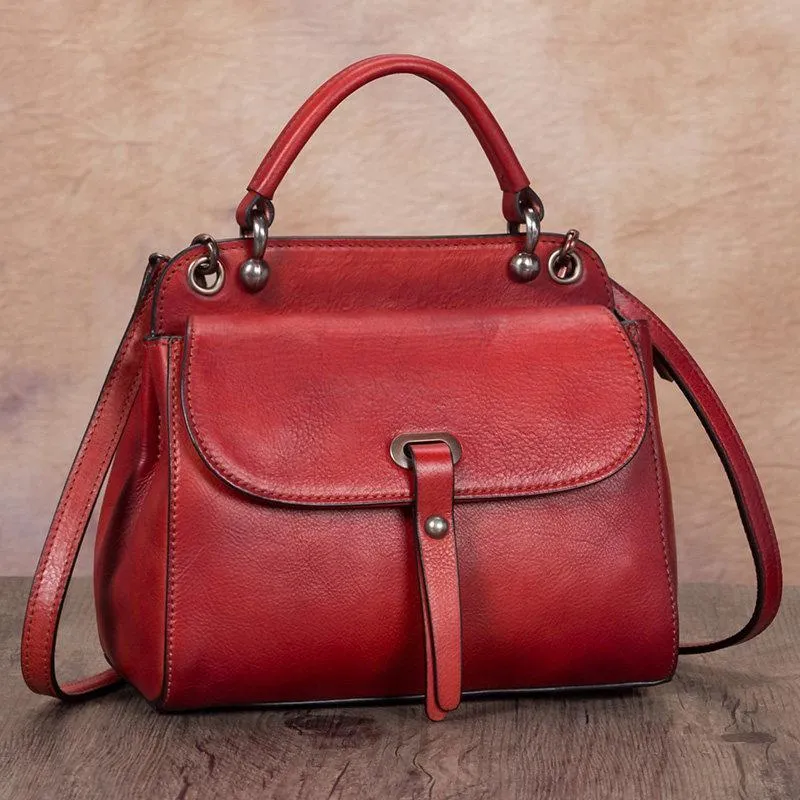 Brown Vintage Ladies Leather Square Satchel Handbag Purse Red SHoulder Bag Side Bag for WOmen