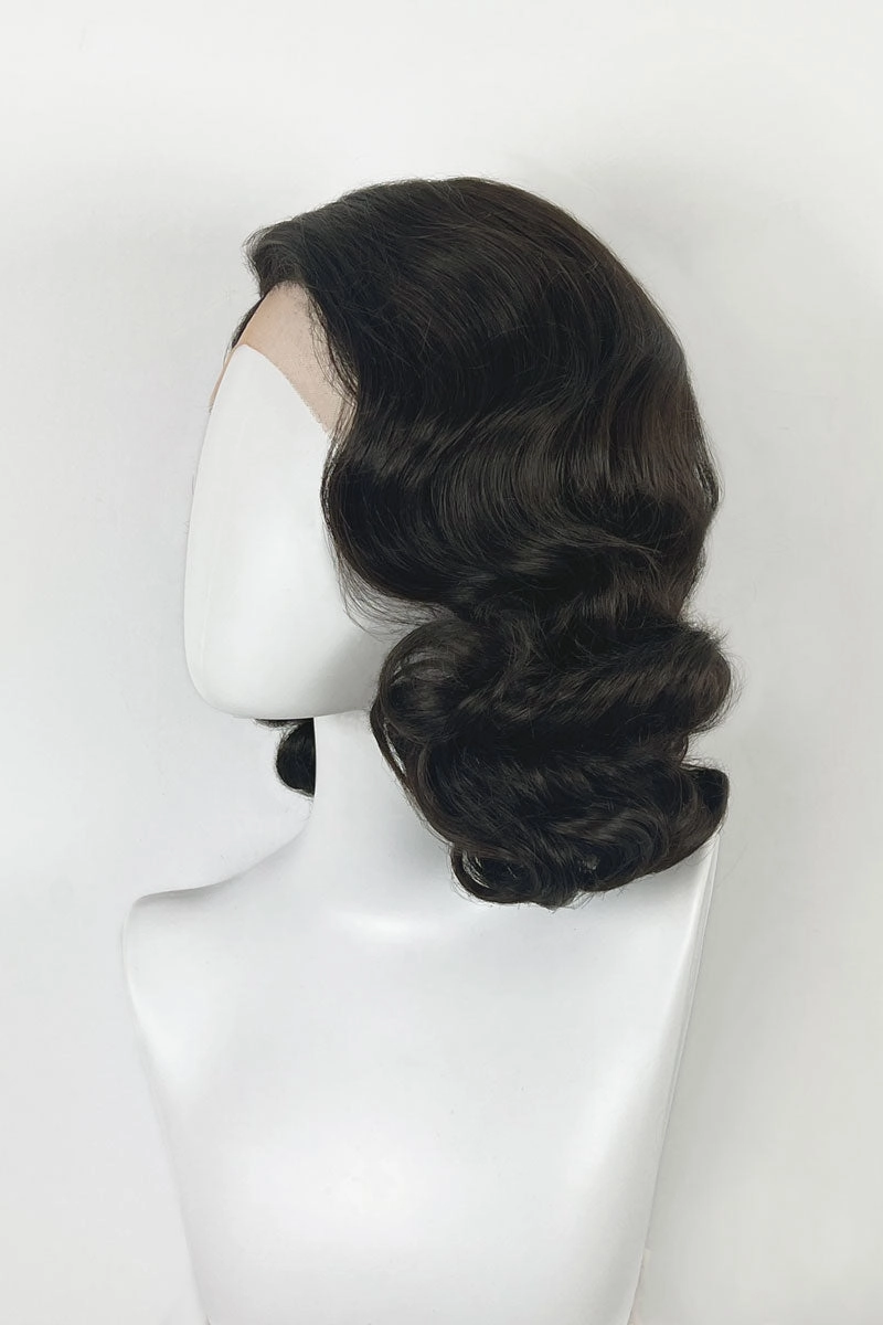 Brown lacefront wig, pinup/vintage style, mid length with finger waves: Hattie