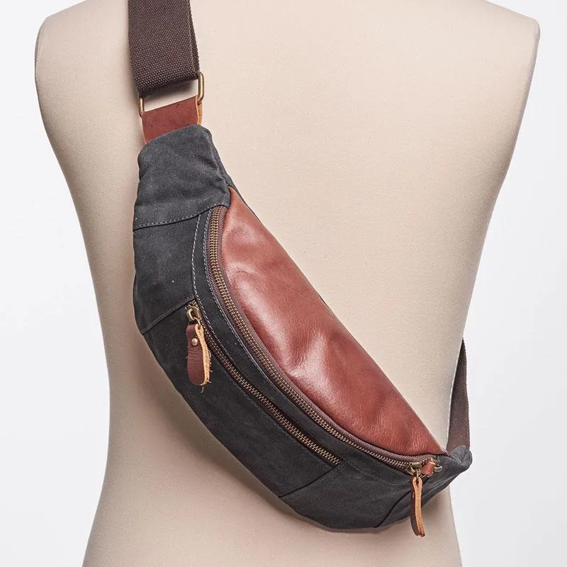 Canvas Leather Mens Fanny Pack Canvas Waist Bag Small Canvas Chest Bag for Men
