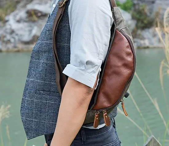 Canvas Leather Mens Fanny Pack Canvas Waist Bag Small Canvas Chest Bag for Men