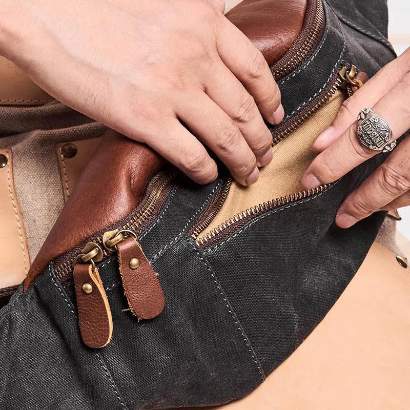Canvas Leather Mens Fanny Pack Canvas Waist Bag Small Canvas Chest Bag for Men